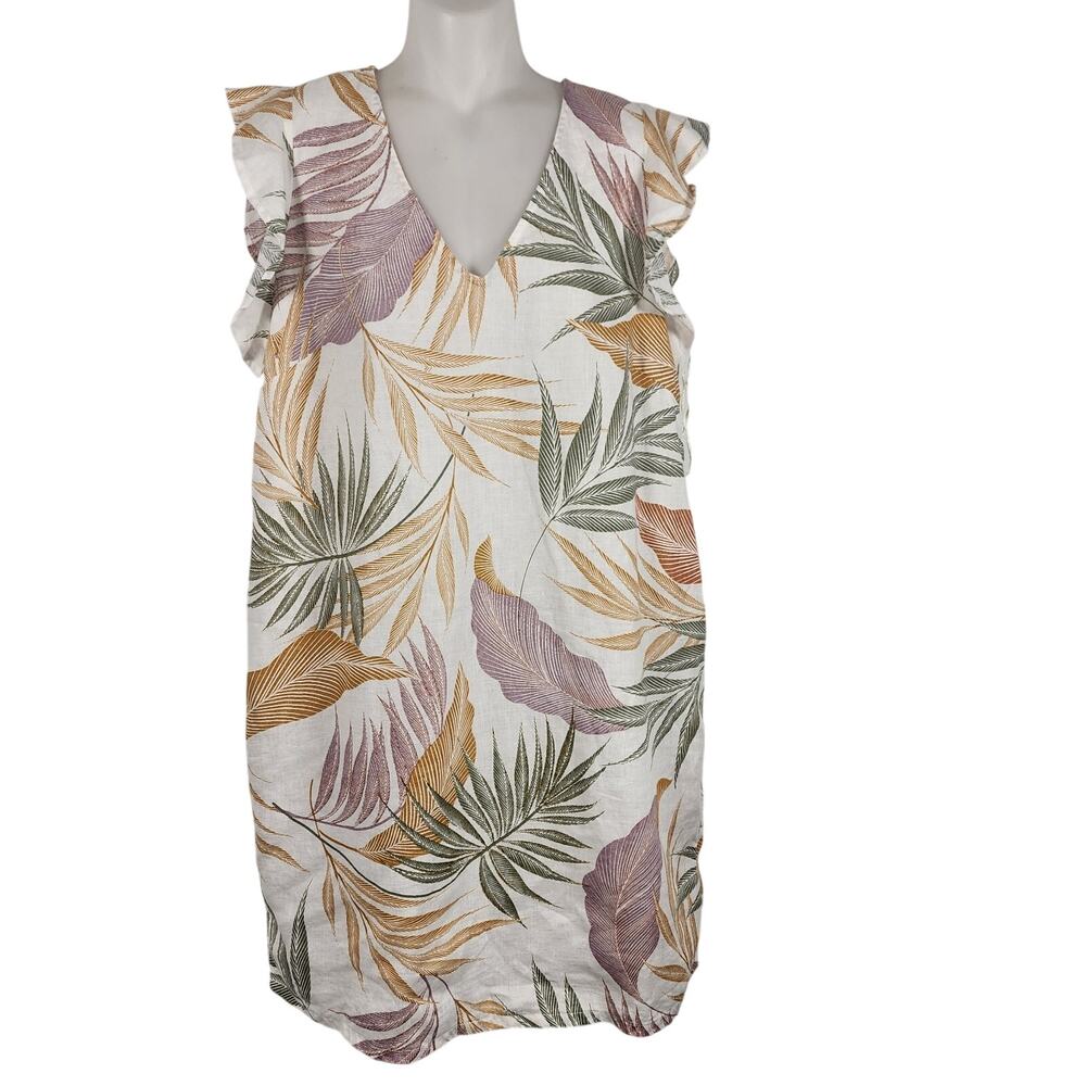 Tahari Womens Shift Mini Dress 100% Linen Tropical Floral Beach Flutter Sleeve M